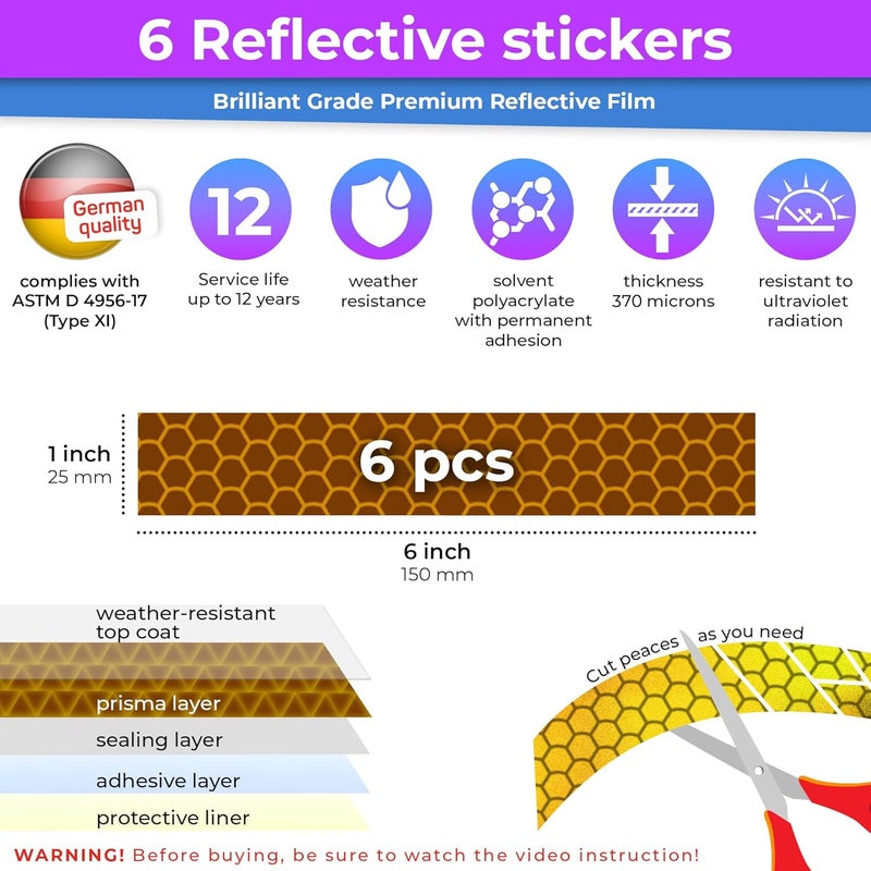 Loom Reflective Stickers for Helmet | 6pcs Brilliant Yellow | Similar to 3M Reflective Tape | Bike Reflectors for Night Riding, Mailbox reflectors | Waterproof hi vis Decals for Car, Trailer - Image 3